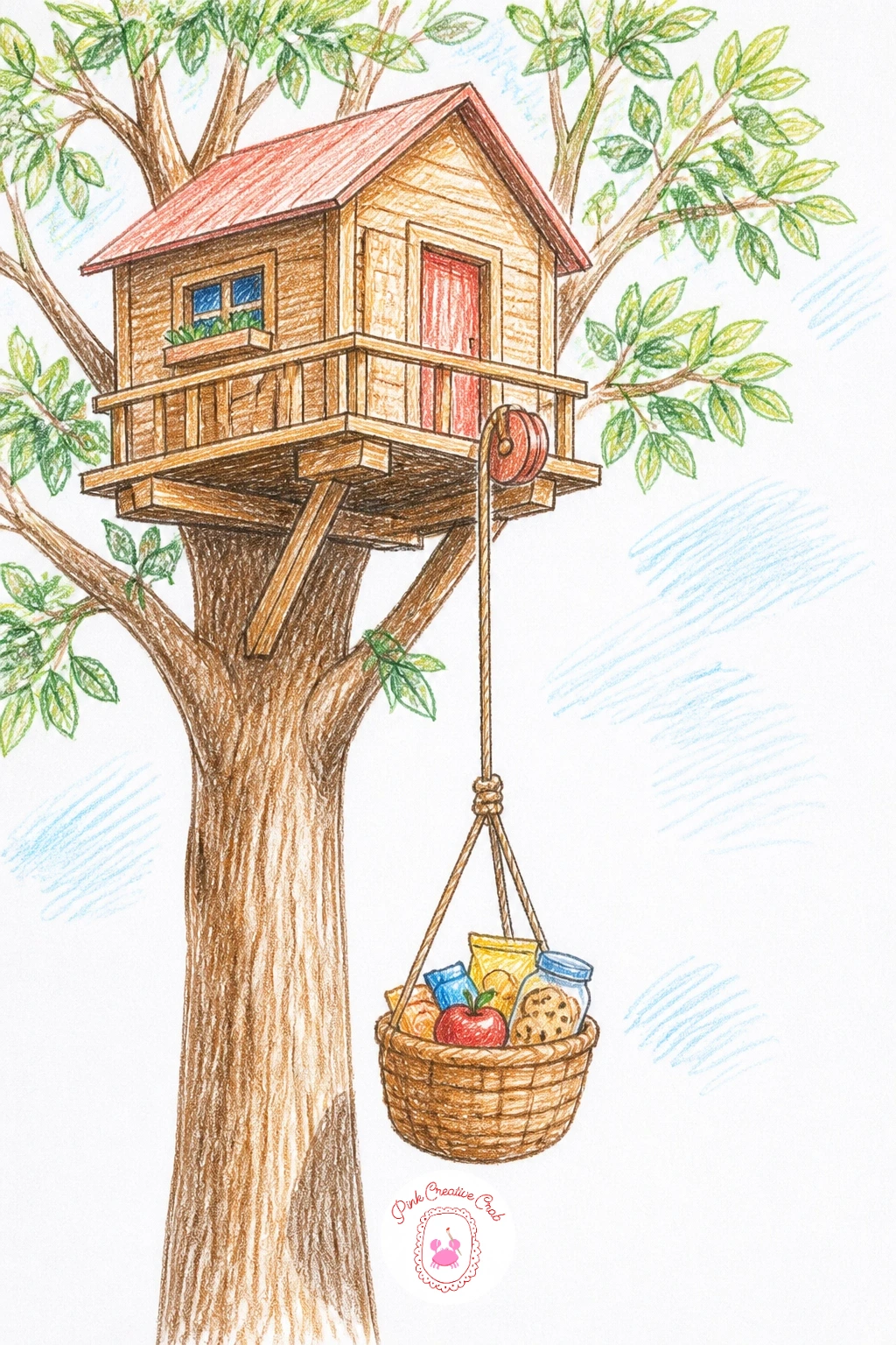Treehouse With a Pulley Basket for Snacks — Add a small working detail to this treehouse: a rope and pulley system with a little basket hanging partway up the