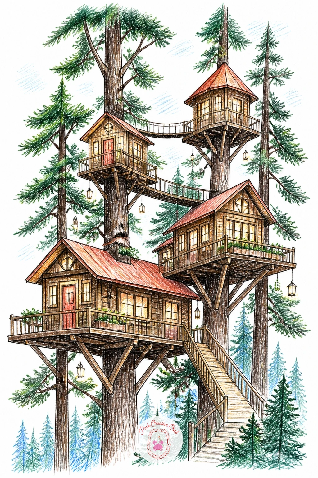Treehouse Hotel Among Tall Pines — Scale this one up into something grander, a treehouse hotel with several connected rooms tucked among a cluster of tall pine