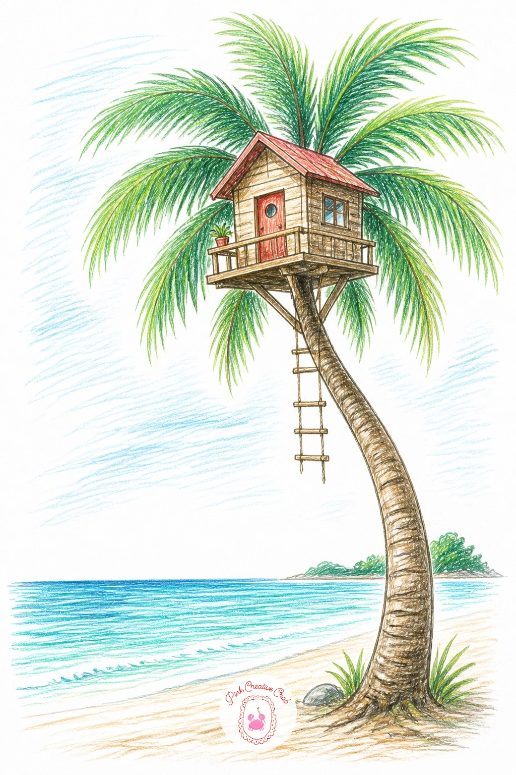 Treehouse in a Palm Tree on a Beach — Swap the oak or pine for something leaner and more tropical: a treehouse built high in a curving palm tree right on the