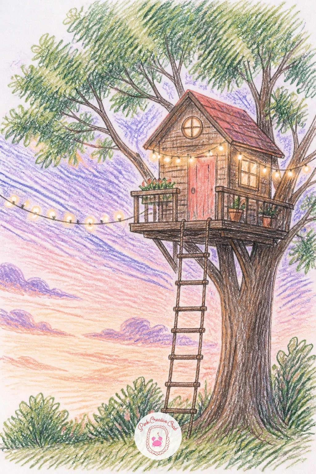 Treehouse With String Lights at Pastel Dusk — Light is the whole subject here: a treehouse strung with little lights against a soft pastel evening sky.