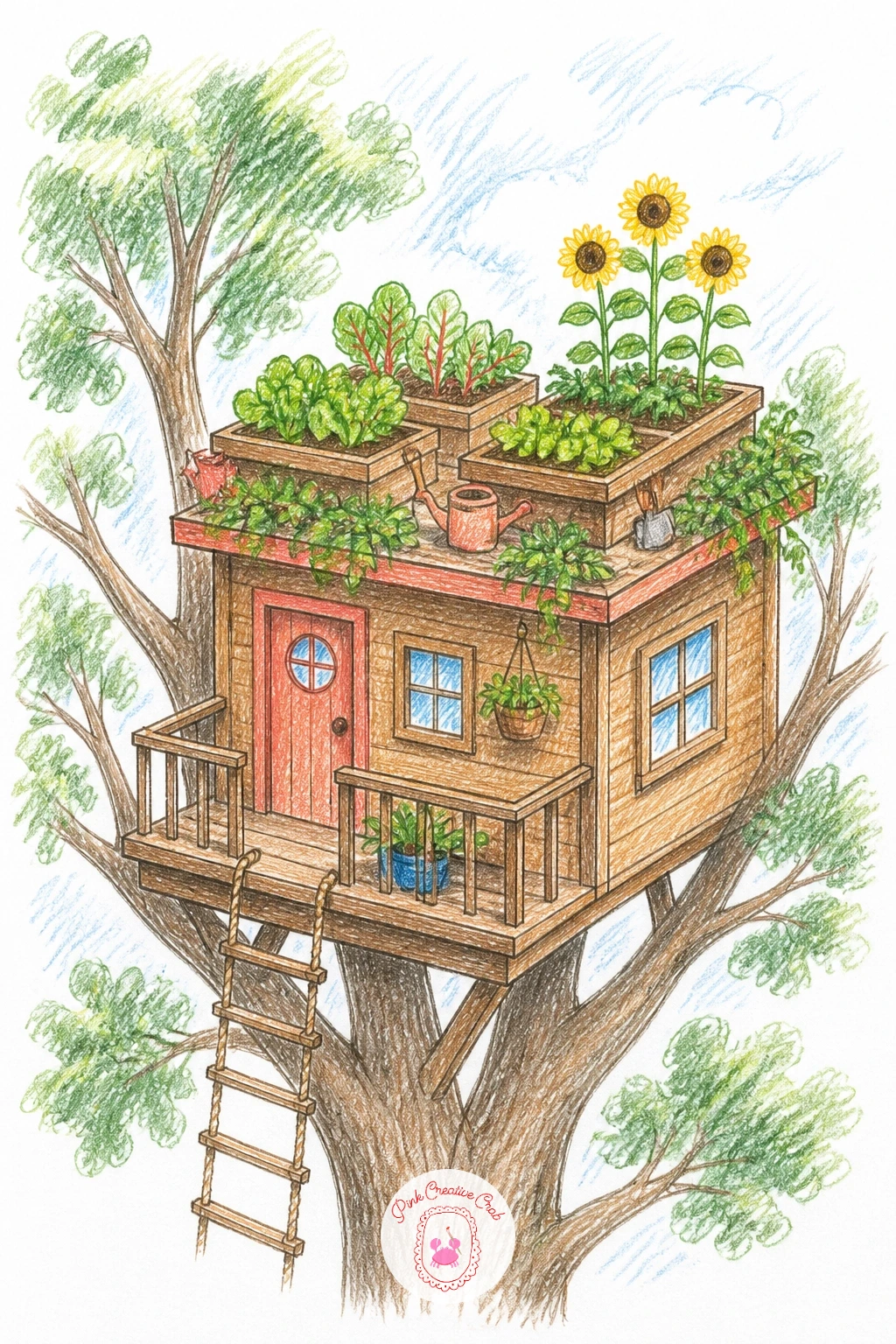 Treehouse With a Garden on Its Roof — Give the roof itself something to grow on: a treehouse topped with a small rooftop garden of raised beds, flowers and