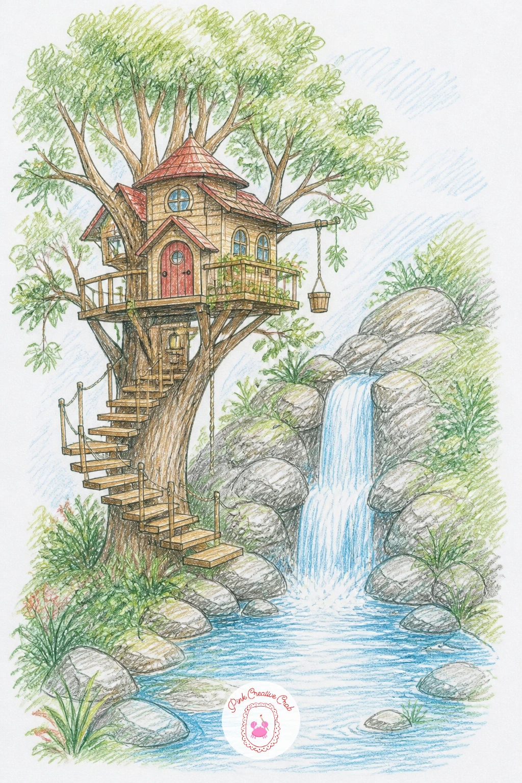 Treehouse Built Around a Waterfall — This is the most ambitious scene on the list, so plan the layout lightly in pencil before committing to any line: a
