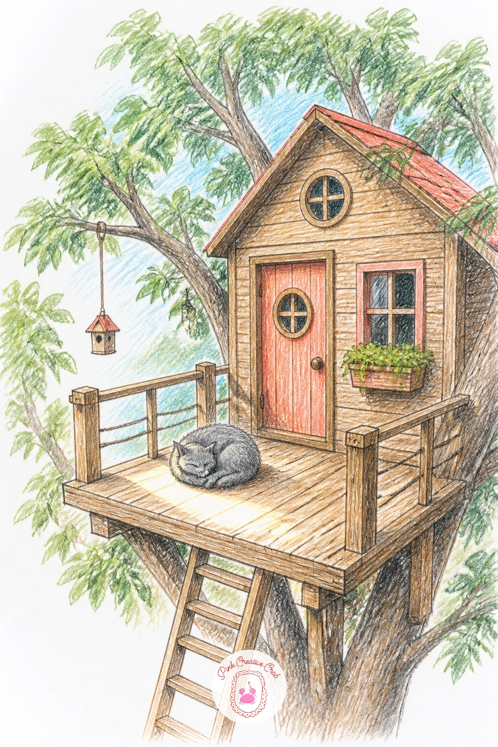 Treehouse With a Cat Sleeping on the Deck — Bring a little life onto the deck without adding much complexity: a cat curled up asleep in a patch of sun by the