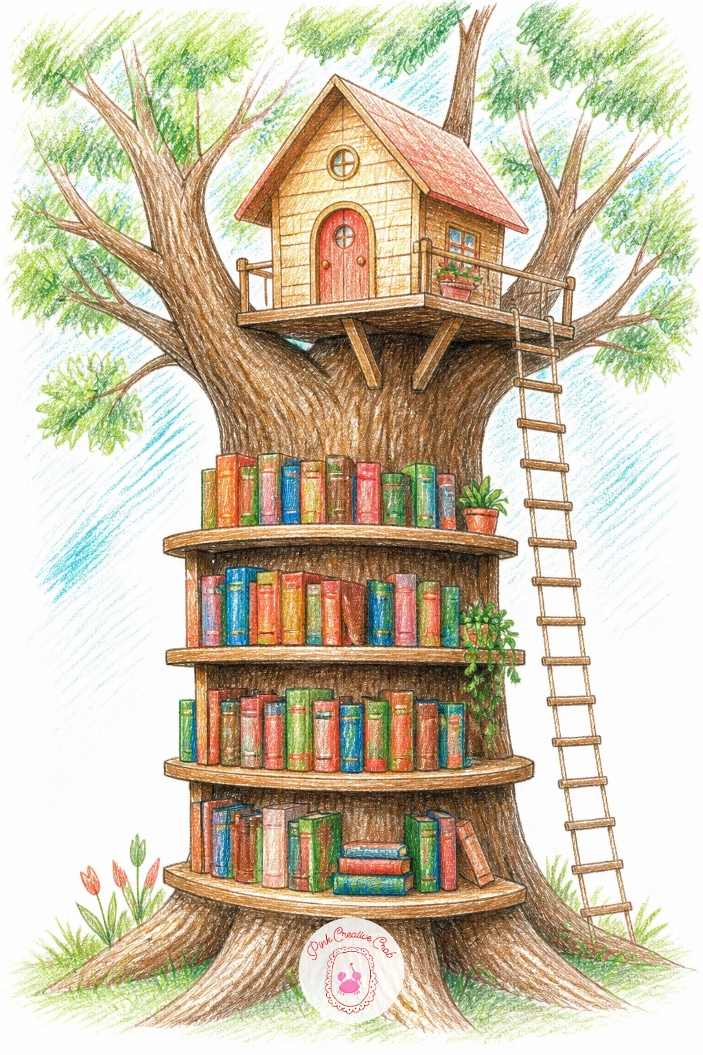Treehouse Library With Shelves Up the Trunk — This treehouse wraps its shelves right around the trunk itself, turning the tree into part of the bookcase.
