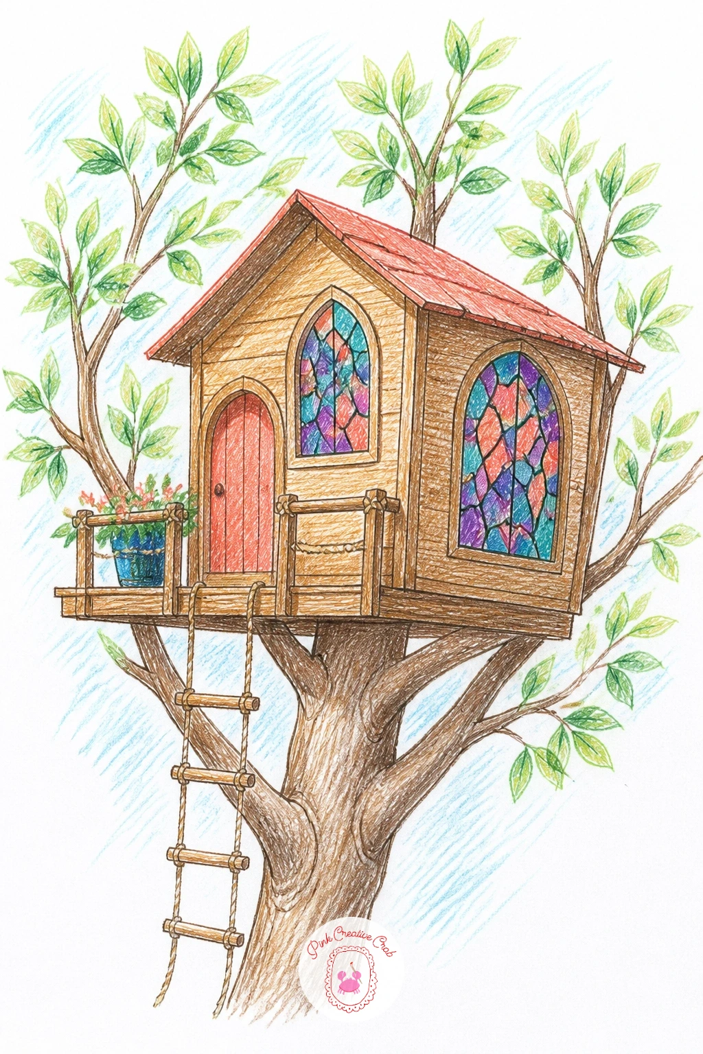 Treehouse With Stained Glass Windows — Let the windows carry all the color in this one: a fairly plain wooden treehouse with two or three stained glass windows