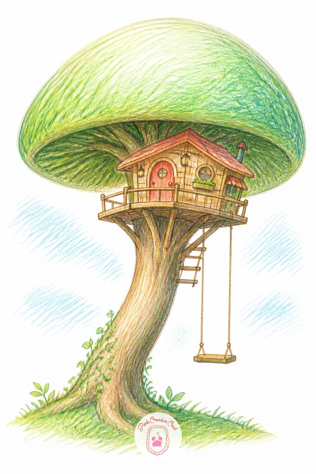 Treehouse in a Giant Mushroom-Shaped Tree — Bend reality a little for this one, a tree whose canopy balloons out into a wide rounded mushroom shape rather than