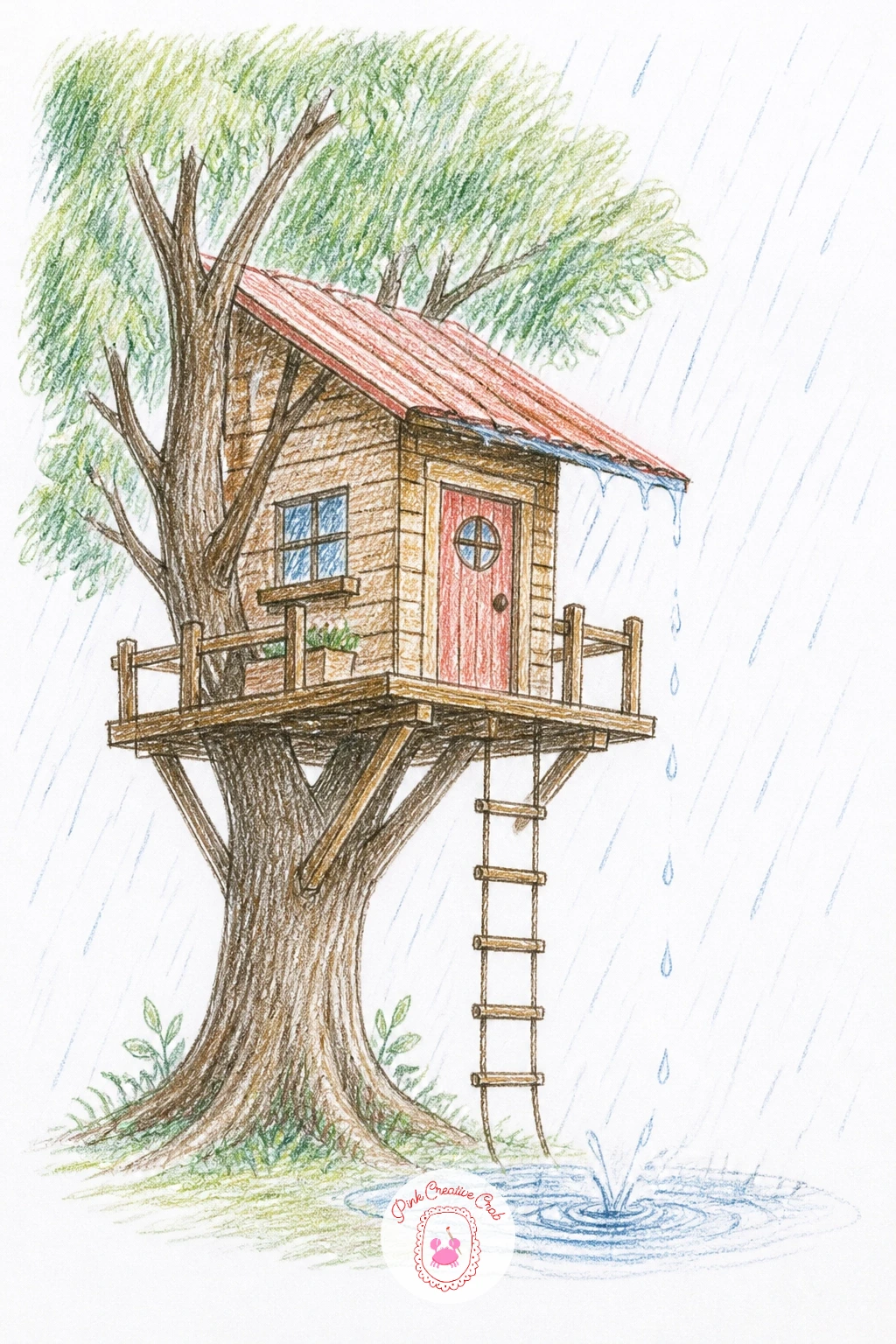 Treehouse in the Rain With a Dripping Roof — Weather gives this treehouse its mood: steady rain falling past the house, with water dripping off the edge of the