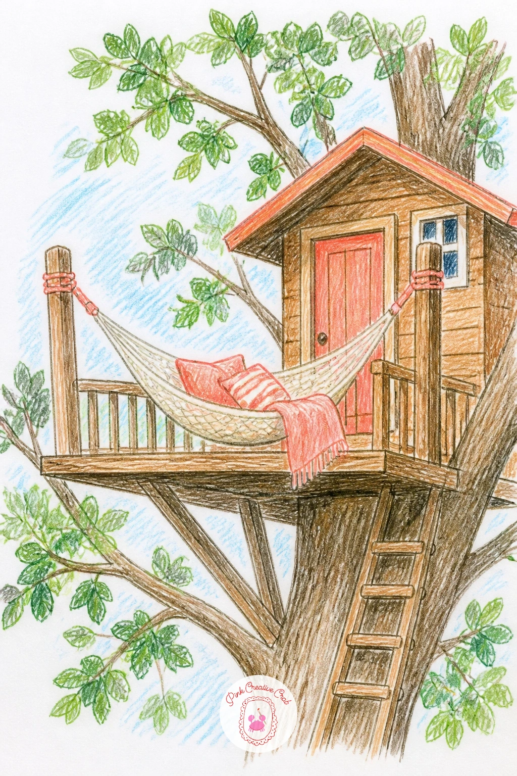 Treehouse With a Hammock Porch — Add a porch built entirely around lounging: a hammock strung between two posts or branches on the treehouse's front deck.
