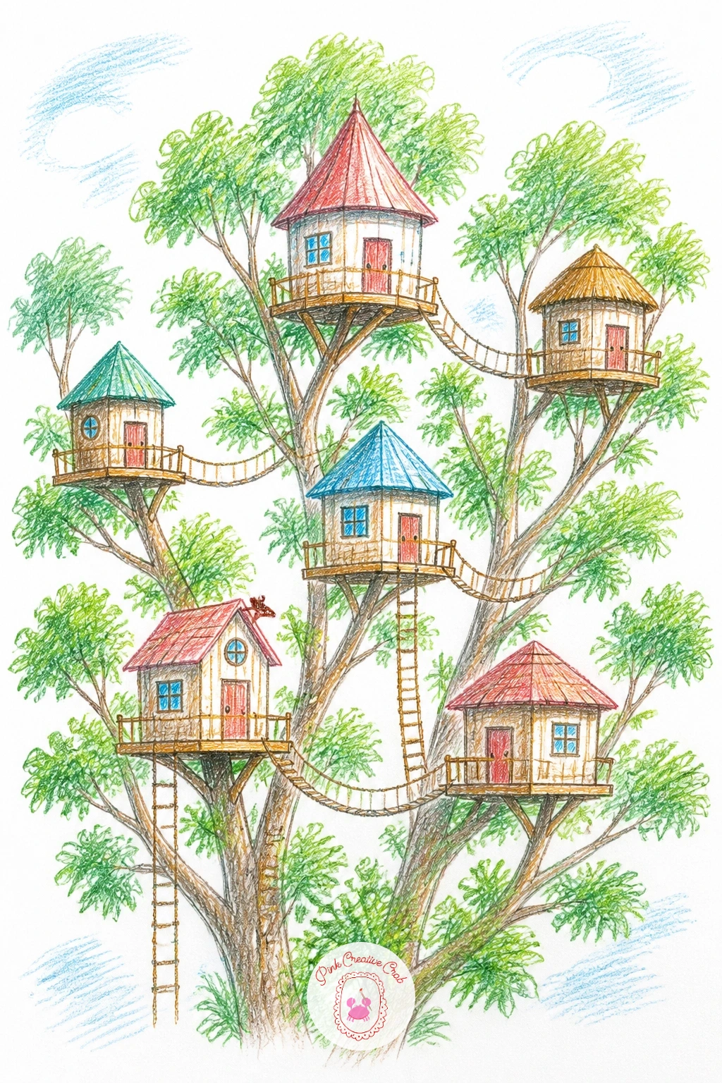 Treehouse Village With Several Huts — Scale all the way up for this one: a whole cluster of small treehouses at different heights, connected by a mix of