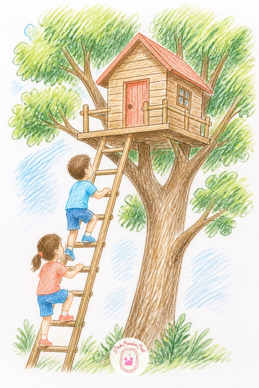 Kids Climbing Up to a Treehouse — Put a character or two into the scene for this one: a couple of kids making their way up a ladder toward a treehouse above.