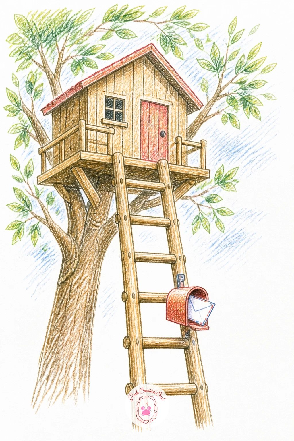Treehouse With a Mailbox on the Ladder — A small detail can finish a treehouse better than a big one, and a tiny mailbox mounted partway up the ladder does