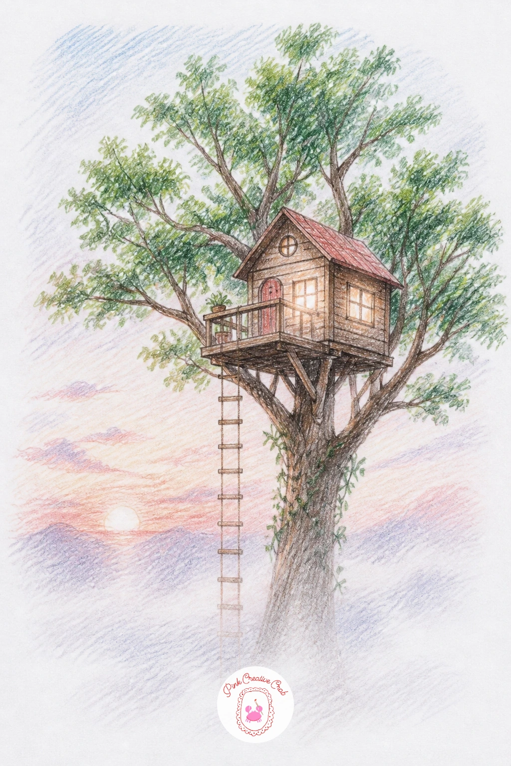 Treehouse at Sunrise in Fog — Close the list on something quieter: a treehouse emerging softly from morning fog, with the first warm light of sunrise barely