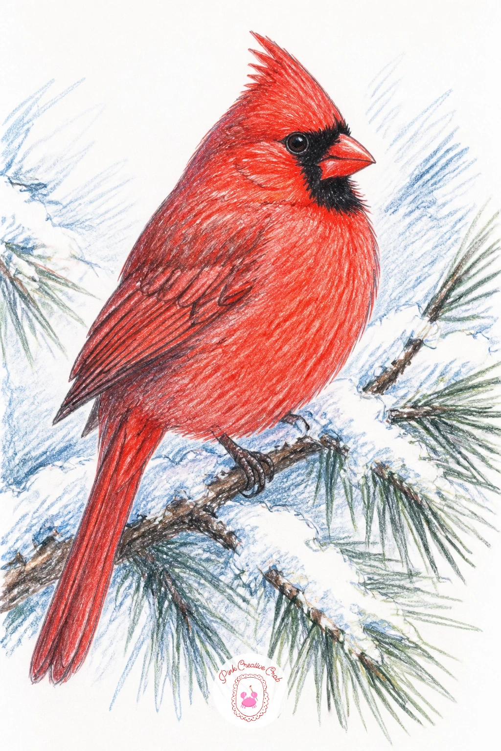 Cardinal on a Snowy Pine Branch — Start a cardinal drawing with the simplest version of the scene: one plump bird perched sideways on a pine branch, snow