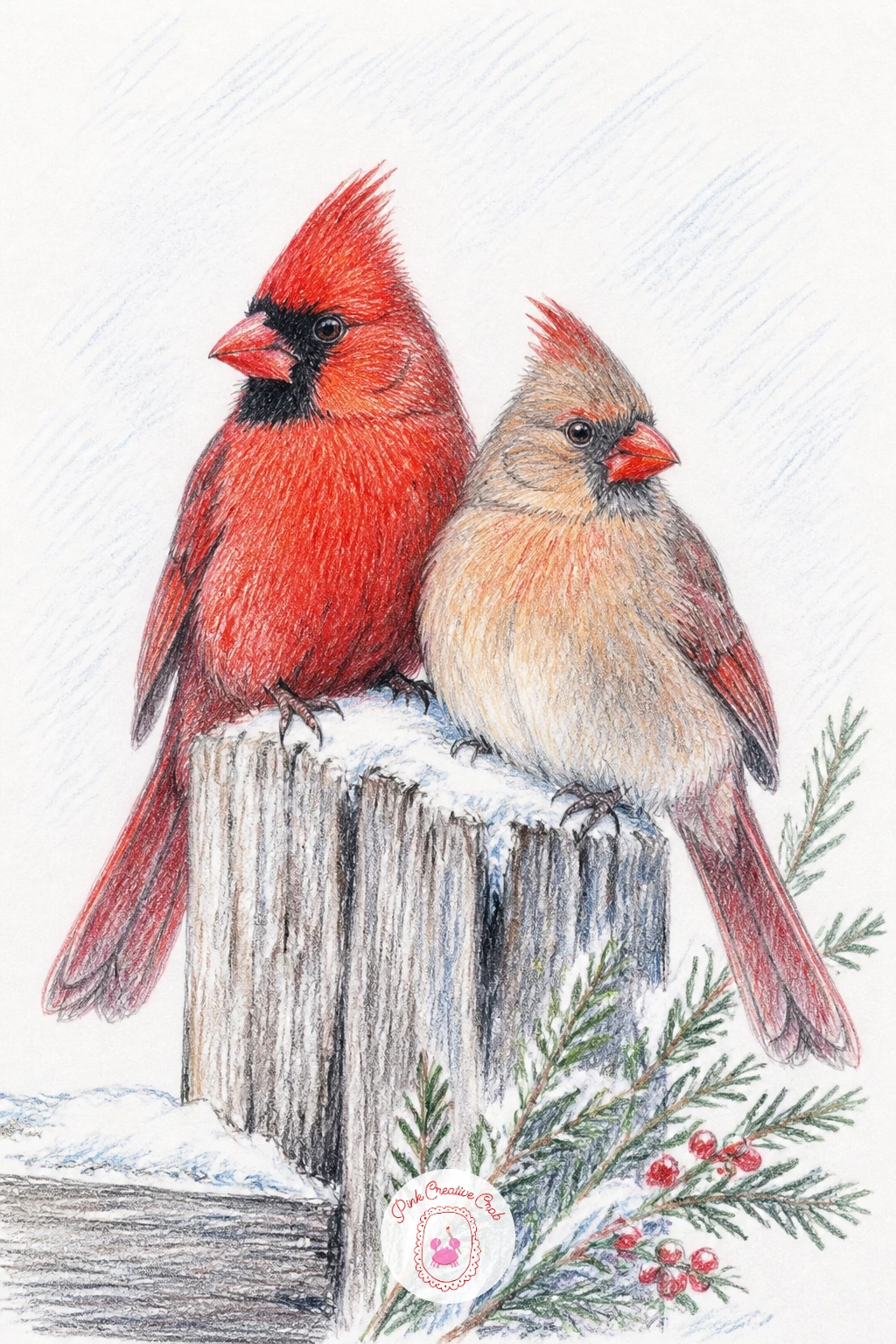 Cardinal Pair on a Fence Post — A cardinal pair drawing gives you two birds to compare side by side, which is the easiest way to get proportions right.