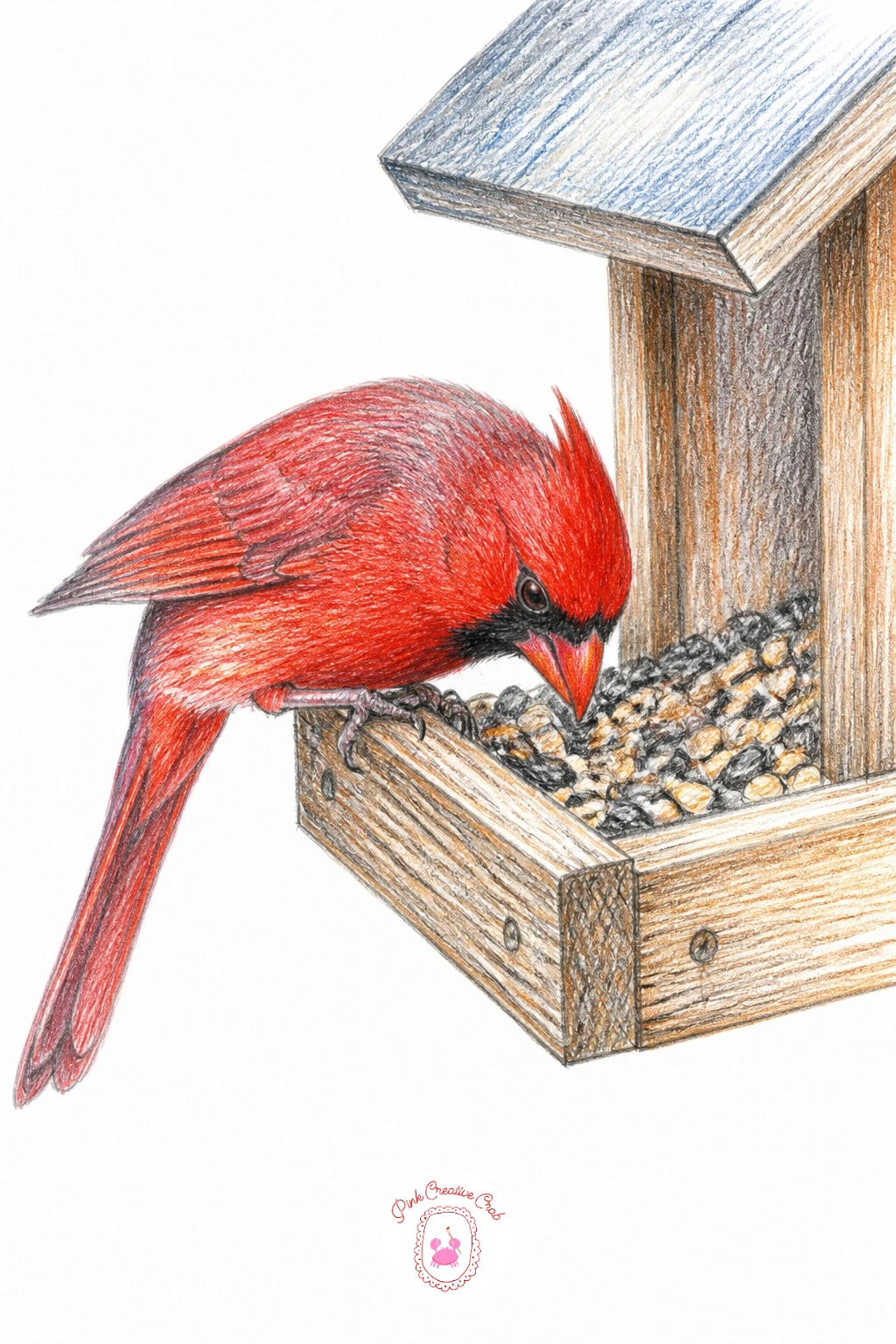 Cardinal at a Bird Feeder — Move from branches to structure with a cardinal at a bird feeder, a tube or hopper feeder with the bird gripping its edge. Cardinal