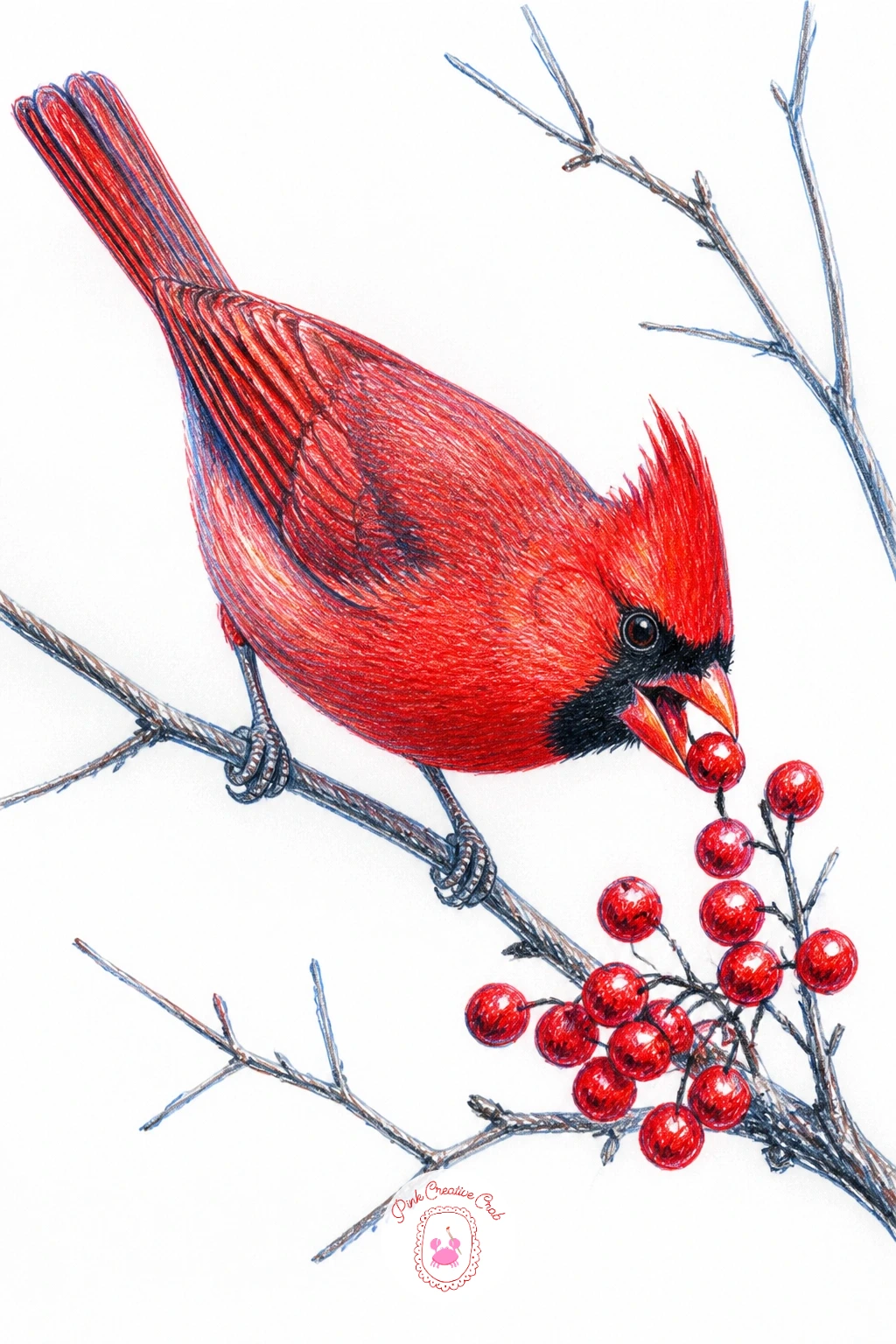 Cardinal Eating Red Berries — Berries give a cardinal drawing an excuse for a tiny story: the bird caught mid-bite on a holly or winterberry branch