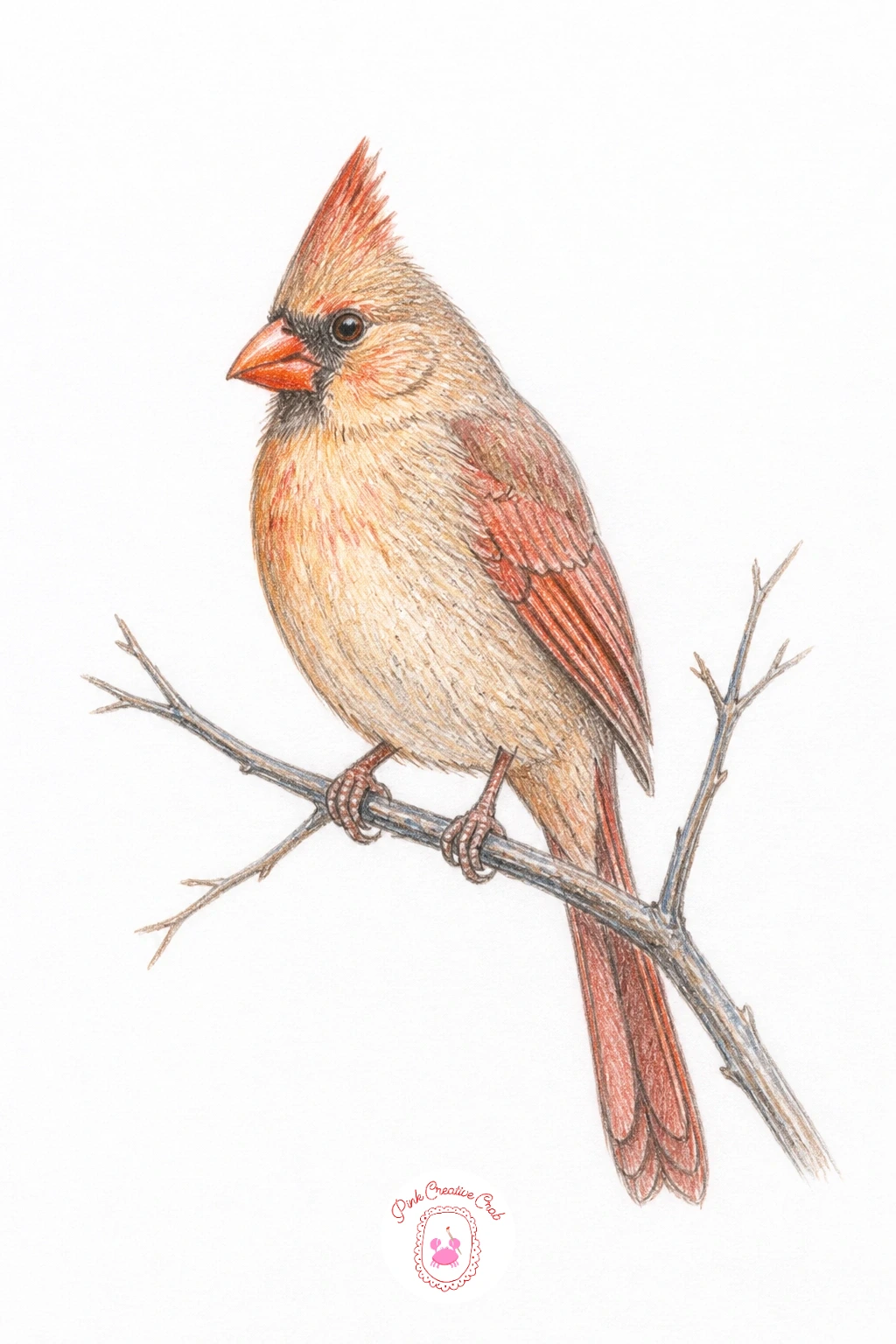 Female Cardinal in Soft Brown and Coral — Give the female cardinal her own drawing rather than only pairing her with the male, since her subtler coloring is