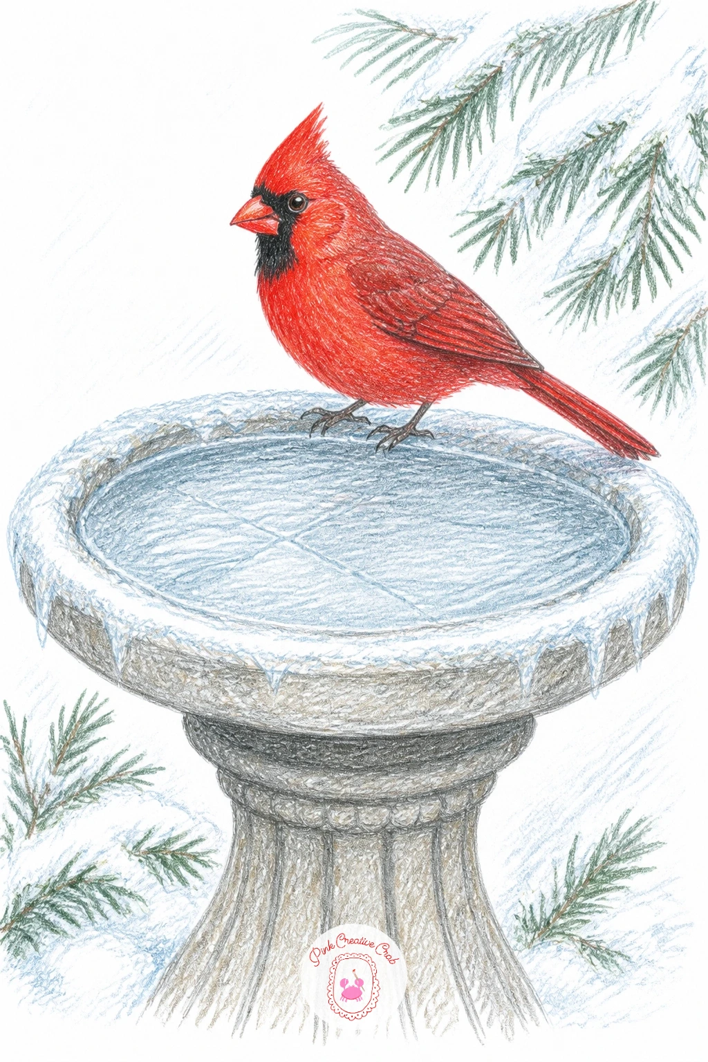 Cardinal on a Birdbath With Ice — A birdbath rimmed with ice turns a cardinal drawing into a small winter scene with two textures to solve