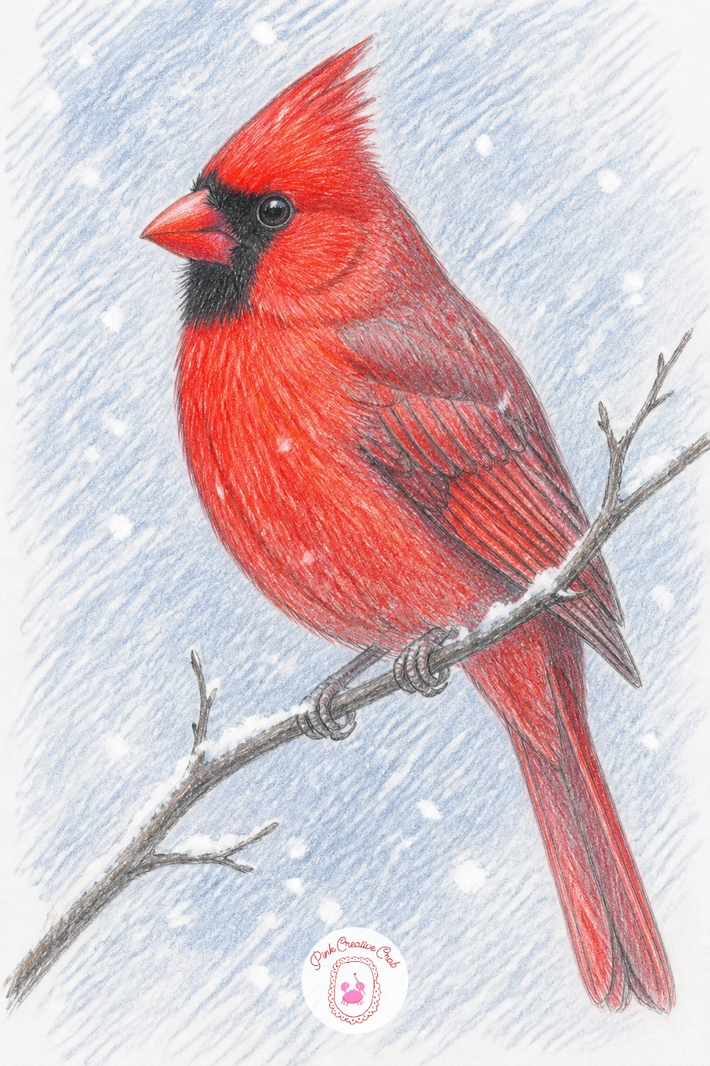 Cardinal on a Bare Winter Twig in Falling Snow — Strip the scene back to almost nothing for this one: a single bare twig, a cardinal, and snow falling around
