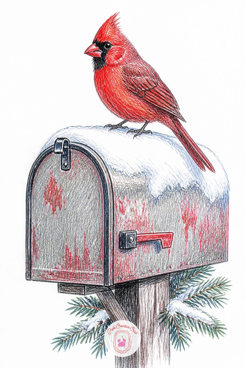 Cardinal Perched on a Mailbox — A mailbox gives a cardinal drawing a slice of everyday life instead of pure wilderness