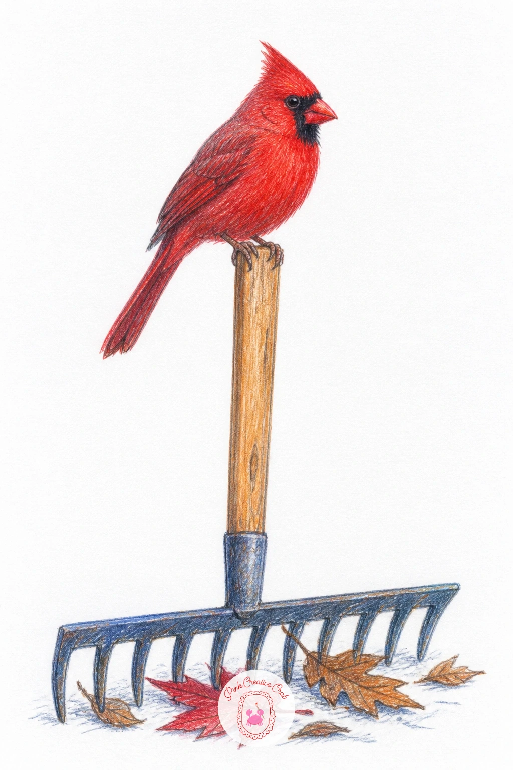Cardinal on a Garden Rake Handle — A garden rake leaning against something or lying across the scene gives a cardinal an unusual perch that still feels