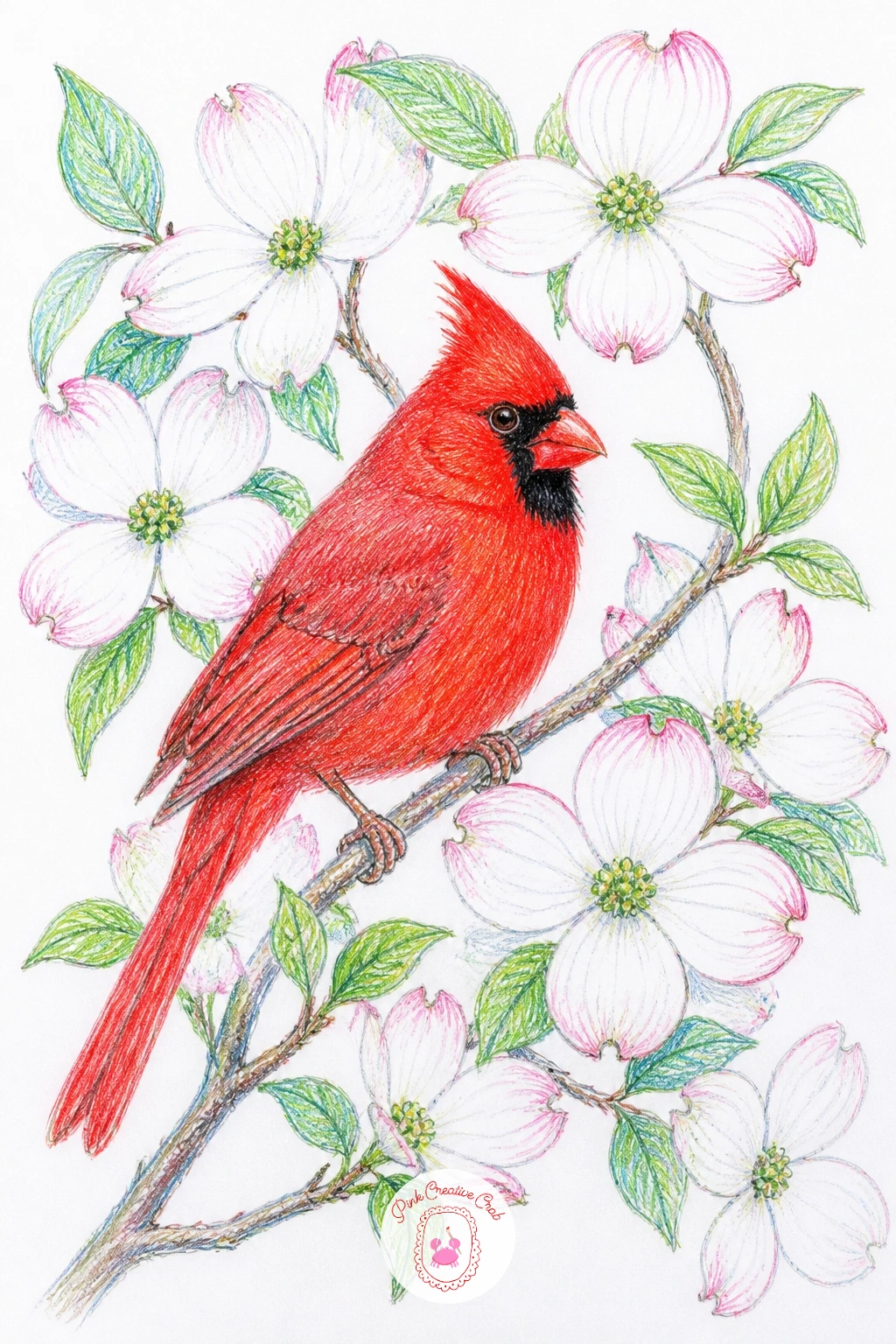 Cardinal in a Blossoming Dogwood in Spring — Move the season forward with a cardinal set among dogwood blossoms, the first clearly spring scene in this list.