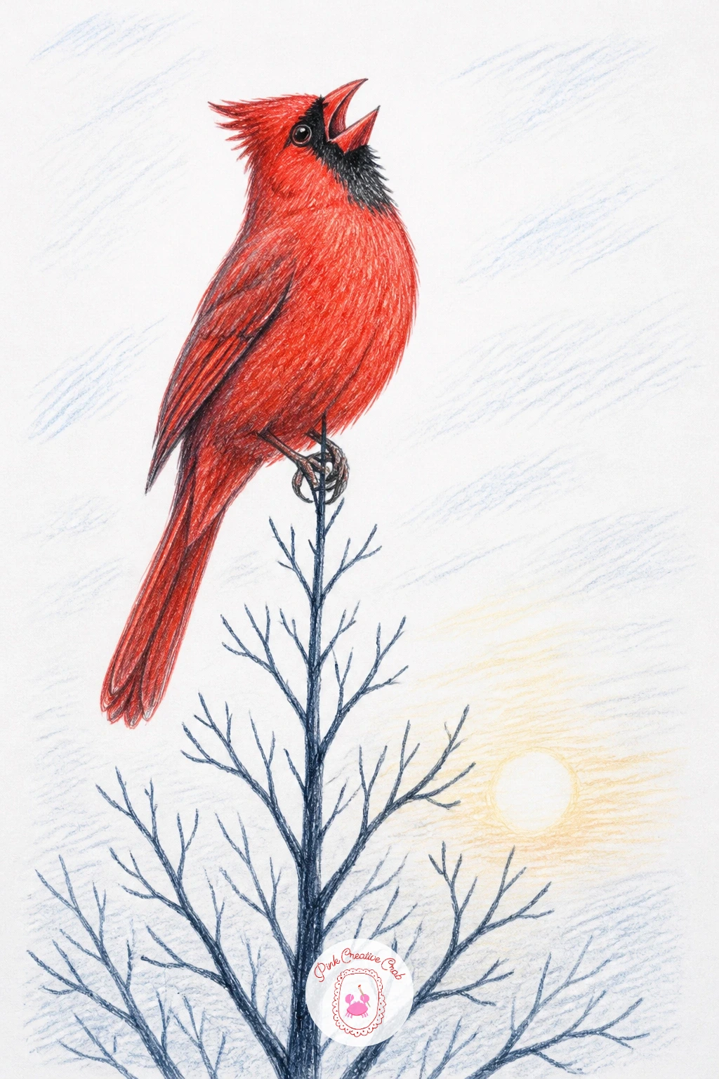 Cardinal Singing on a Treetop — A singing cardinal at the very top of a tree asks for an open beak and a lifted head, both small adjustments from the usual