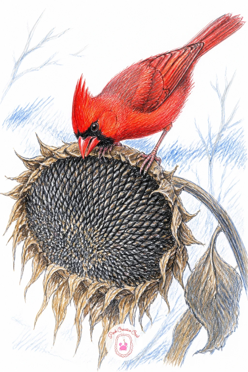 Cardinal on a Sunflower Seed Head — A spent sunflower head, dark and heavy with seeds, gives the cardinal both a perch and a reason for being there. Cardinal