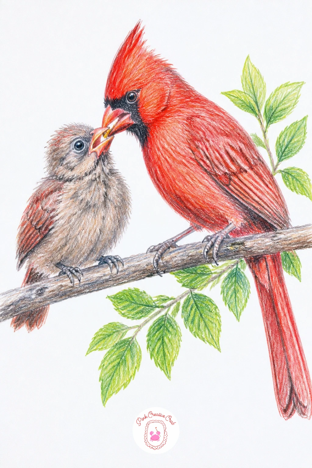 Cardinal Feeding Its Fledgling — A parent cardinal feeding a fledgling turns the drawing into a small moment rather than a portrait, and it is easier than it