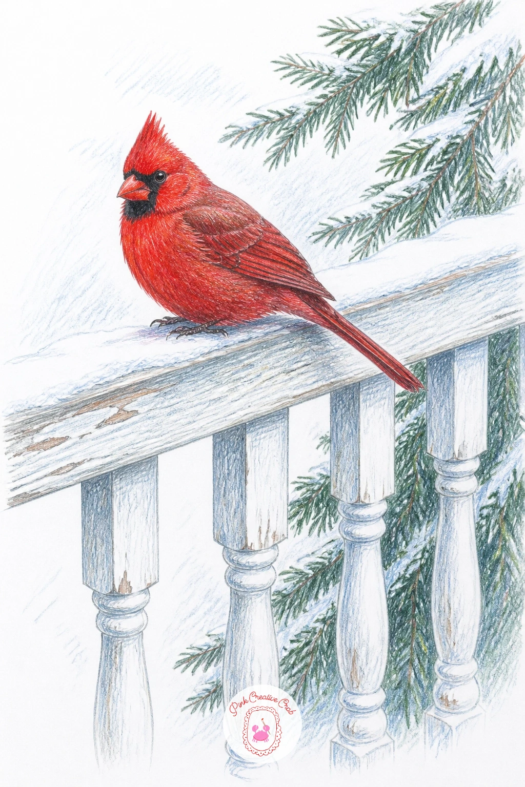 Cardinal on a Wooden Porch Rail — A porch rail puts the cardinal somewhere cozy and close to a house rather than deep in a garden. Cardinal drawing