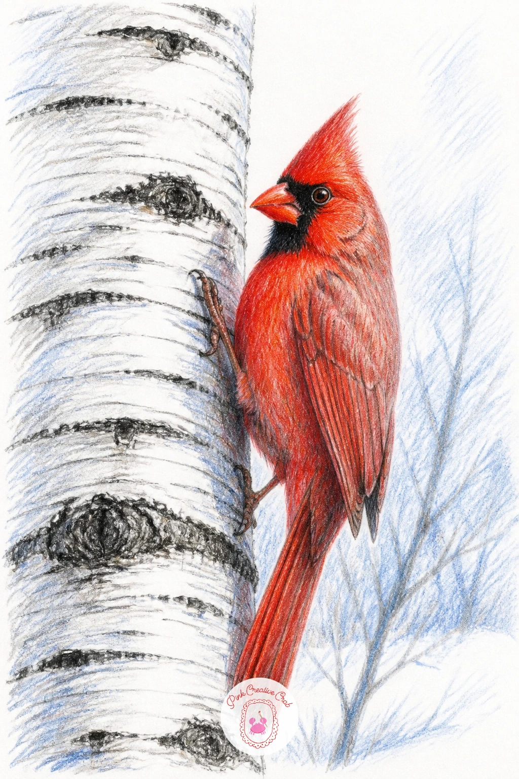 Cardinal in a Birch Tree — A birch tree gives a cardinal drawing one of the best color contrasts available: bright red against pale bark marked with dark