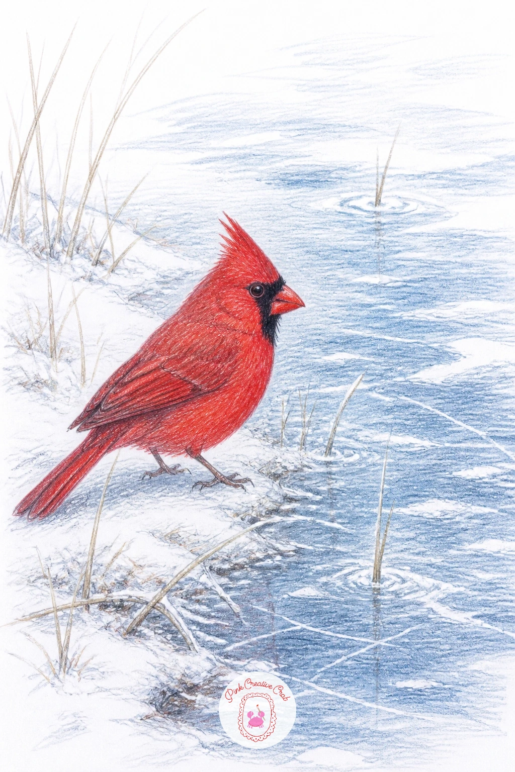 Cardinal on a Frozen Pond Edge — Set the cardinal at the edge of a frozen pond for a quieter, wider winter scene than the branch-based ideas so far. Cardinal