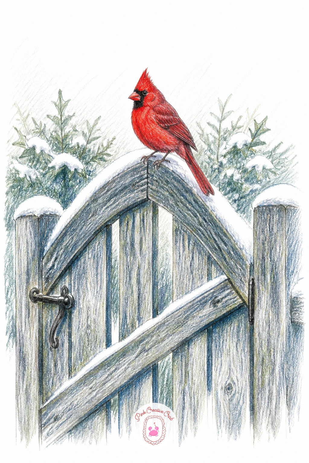 Cardinal on a Garden Gate — A garden gate gives the cardinal a perch with real structure and a sense of a path leading somewhere beyond it. Cardinal drawing