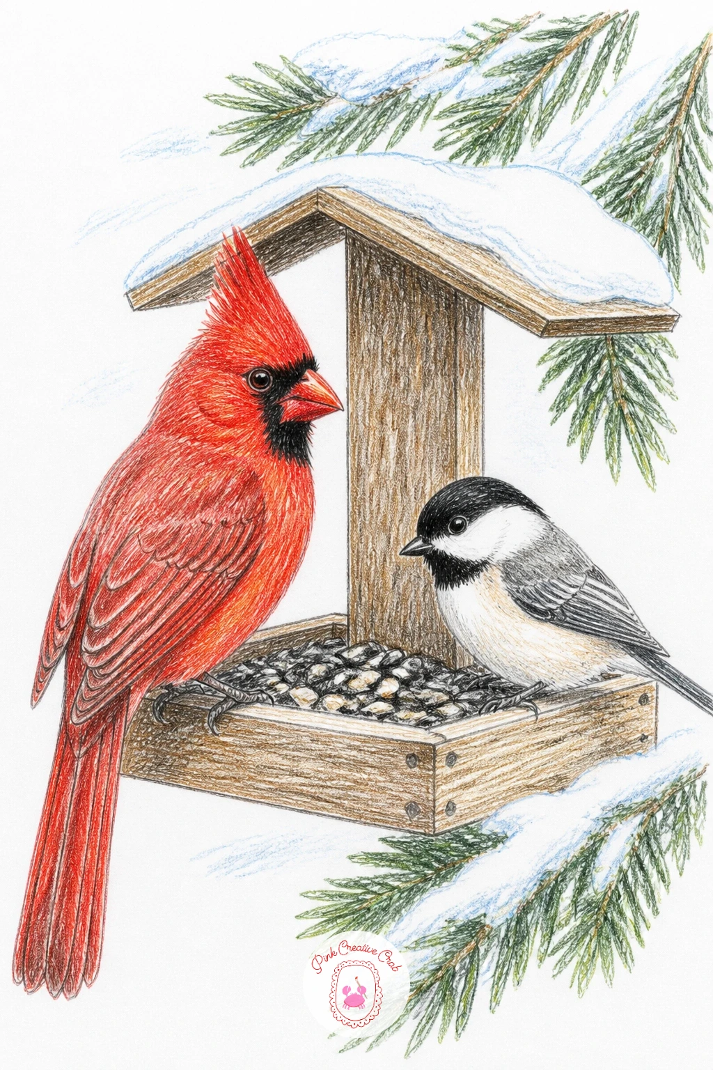 Cardinal and a Chickadee Sharing a Feeder — Pairing a cardinal with a chickadee at the same feeder gives you a size and color contrast worth practicing: one
