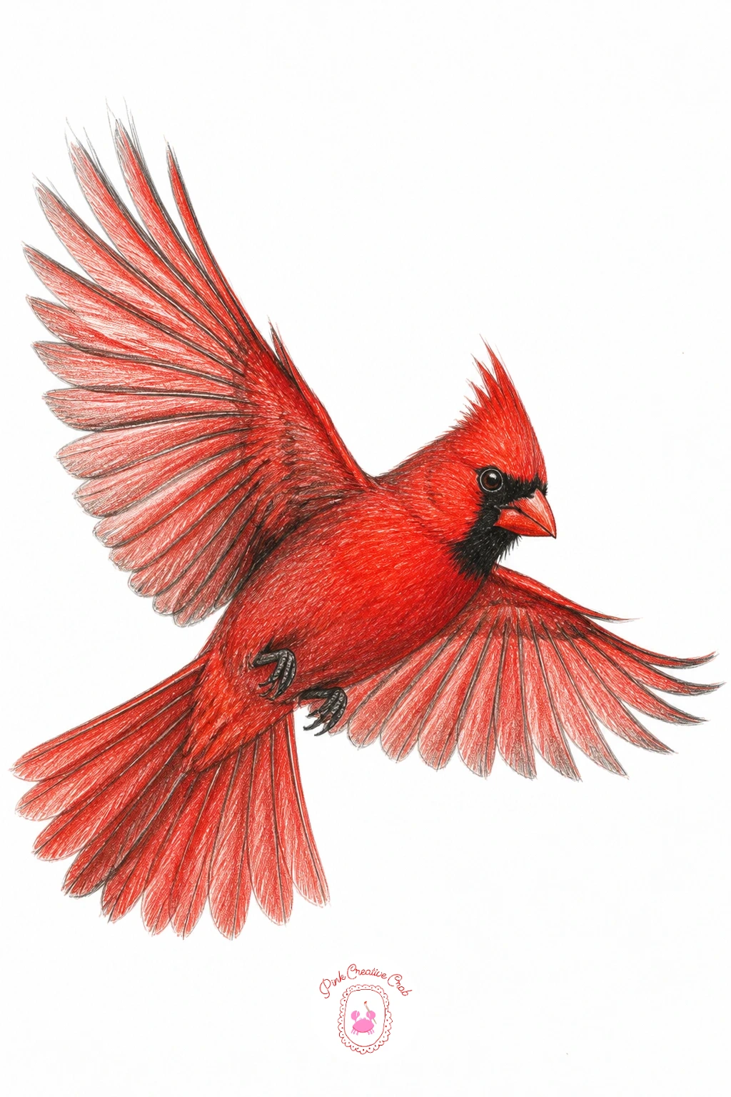 Cardinal Flying With Wings Spread — Wings fully spread mid-flight is the most involved pose in this whole list, so build it from a simple cross shape before