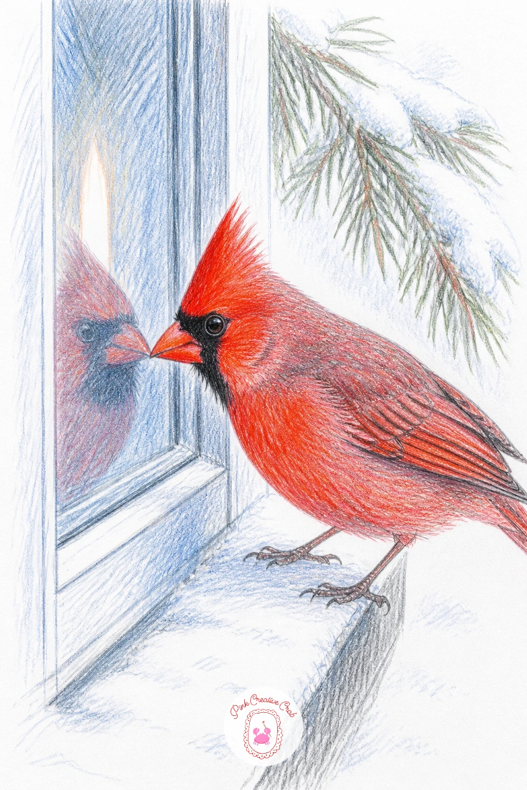 Cardinal on a Window Ledge Looking In — Flip the usual viewpoint with a cardinal standing on an outdoor window ledge, looking in through the glass rather than