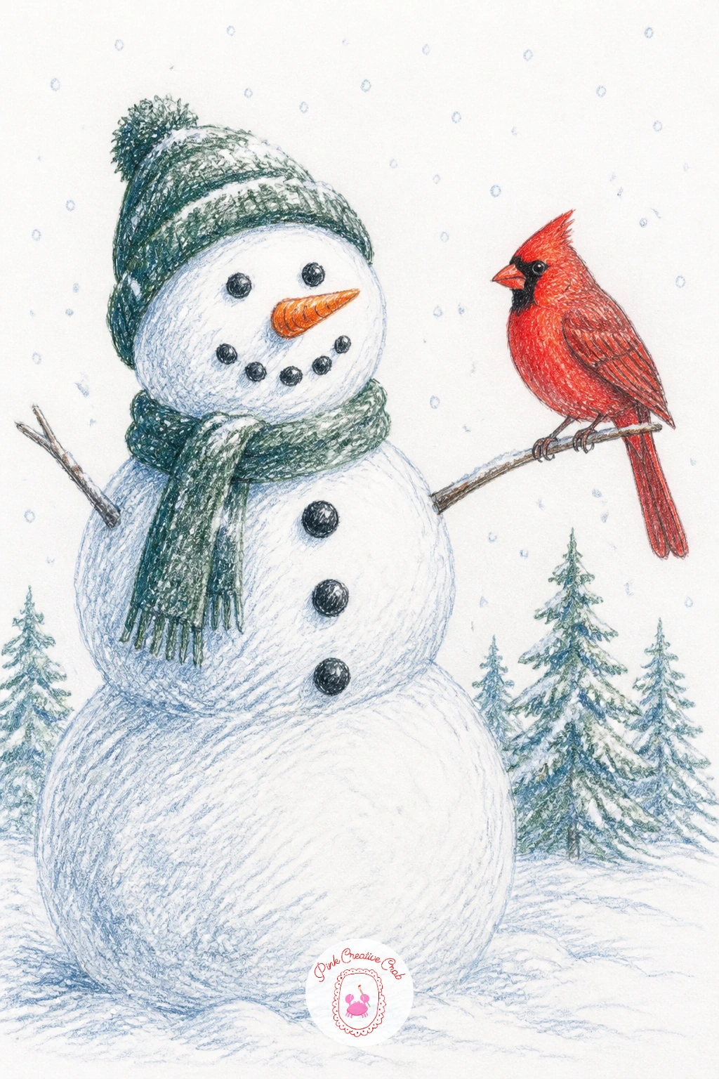 Cardinal on a Snowman's Arm — A snowman gives the scene a touch of whimsy, with the cardinal perched on a stick arm as if it had landed there by chance.