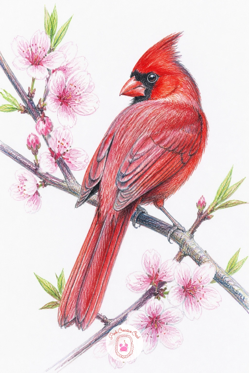 Cardinal on a Cherry Branch — A cherry branch in bloom brings the list fully into spring, its pink blossoms a softer contrast to cardinal red than the