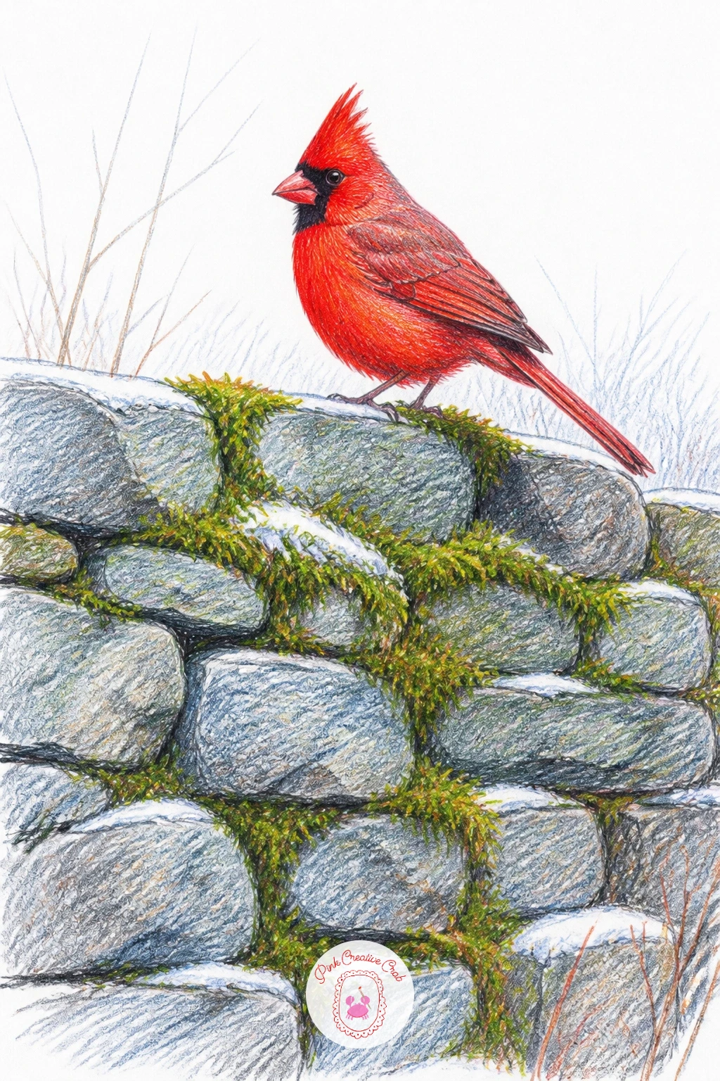 Cardinal on a Stone Wall With Moss — A low stone wall gives the cardinal a rougher, older perch than any fence or gate so far. Cardinal drawing