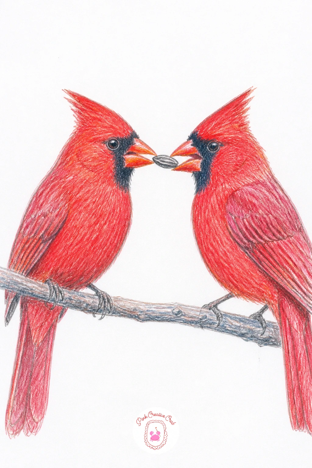 Cardinal Pair Sharing a Seed — Close the list on a quiet, affectionate moment: two cardinals facing each other, one passing a single seed to the other beak to