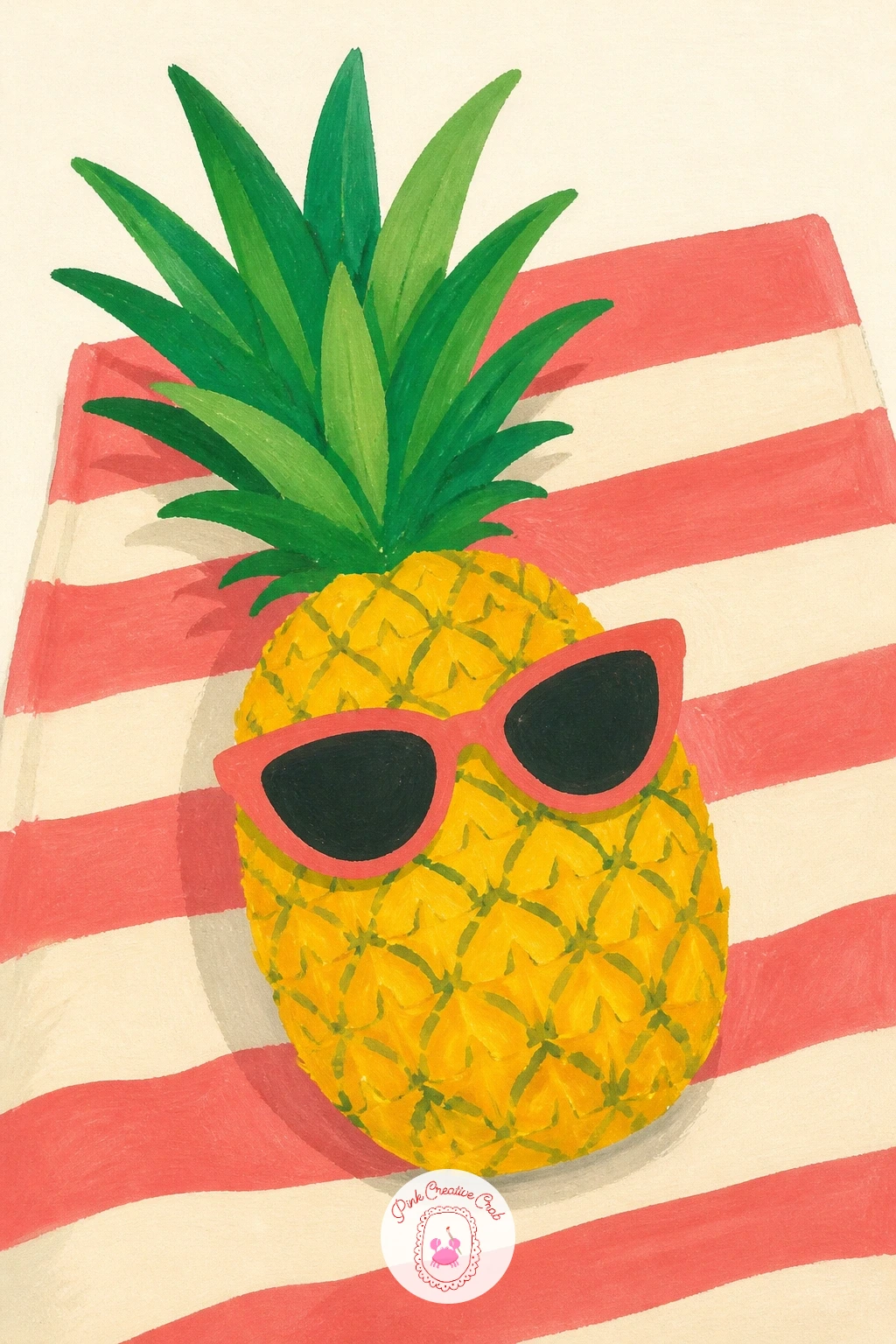Pineapple on a Beach Towel — Start with the easiest scene on this whole list: a pineapple lying on its side on a striped beach towel, a pair of sunglasses