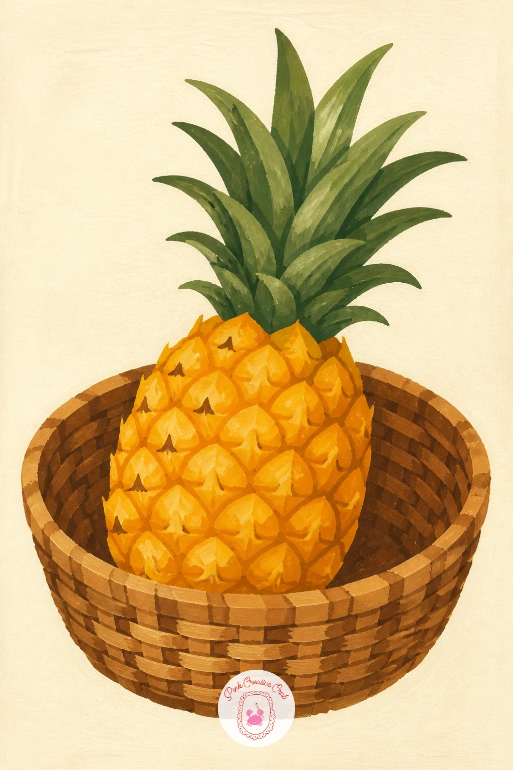 Pineapple in a Woven Basket — A single pineapple resting in a woven market basket gives you a nice texture contrast to paint: smooth fruit against a rough