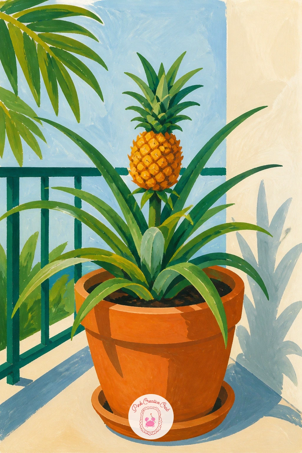 Pineapple Growing in a Balcony Pot — Give the fruit a bit of a domestic story here, with a young pineapple plant growing in a terracotta pot on a sunny