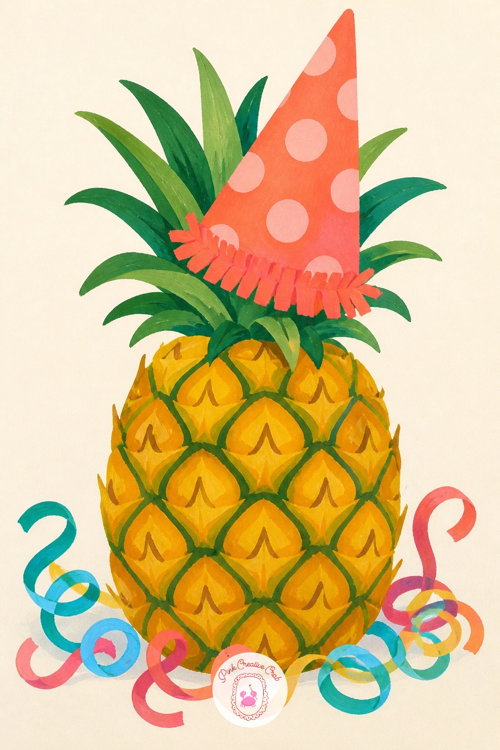 Pineapple With a Party Hat — Give your pineapple a personality for this one: a pointed party hat perched on its crown and a few curling paper streamers around