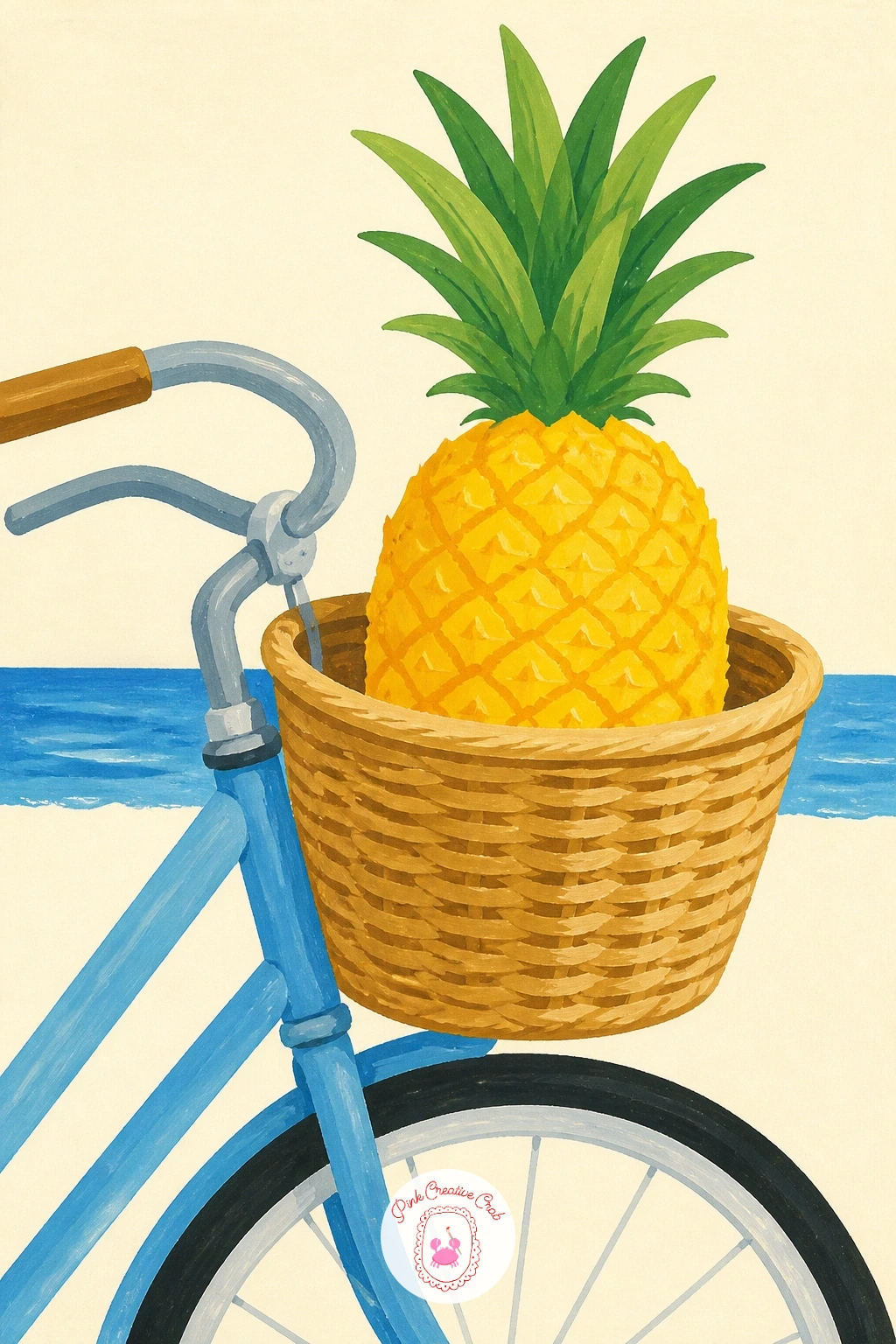Pineapple in a Bicycle Basket — Picture a beach cruiser parked by the water with a pineapple riding in its front basket, and you have a scene with real