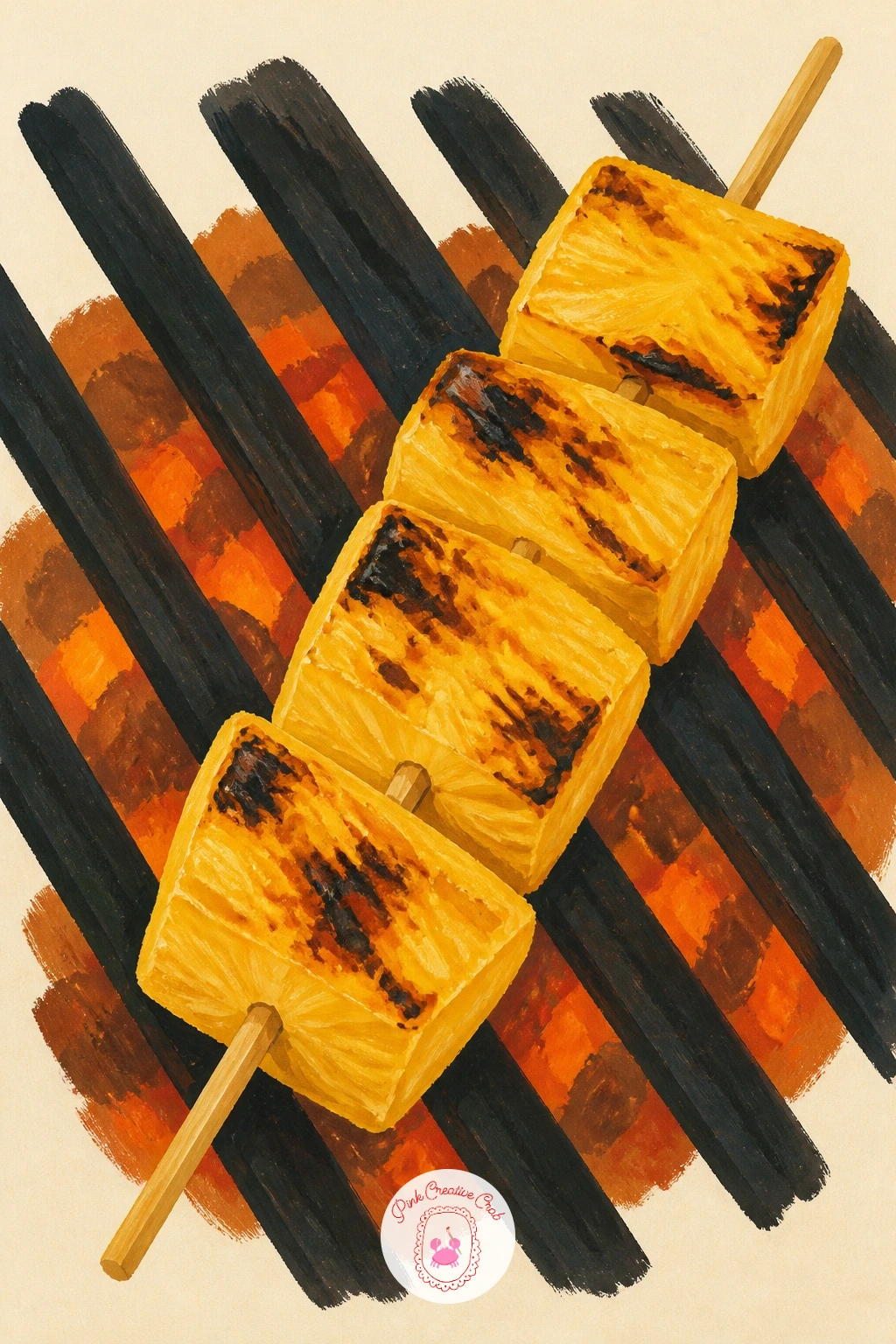 Pineapple Skewer on a Grill — Bring some heat into the page with a pineapple skewer sizzling over grill lines. Pineapple drawing