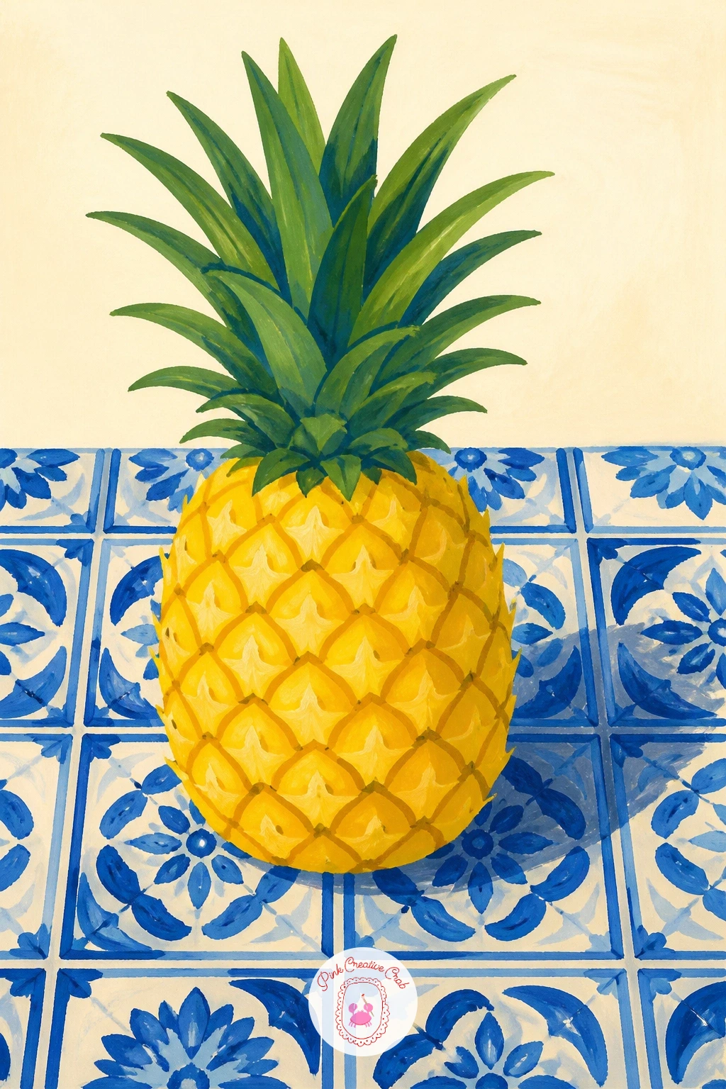 Pineapple on a Blue Tile Counter — Set your pineapple on a kitchen counter for a change of scene, letting a patterned blue tile backdrop do the visual work.