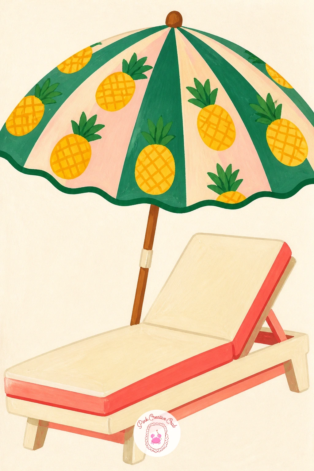 Pineapple Umbrella Over a Lounger — Scale up for this one into a small beach scene: a pineapple print umbrella shading an empty lounger below. Pineapple drawing
