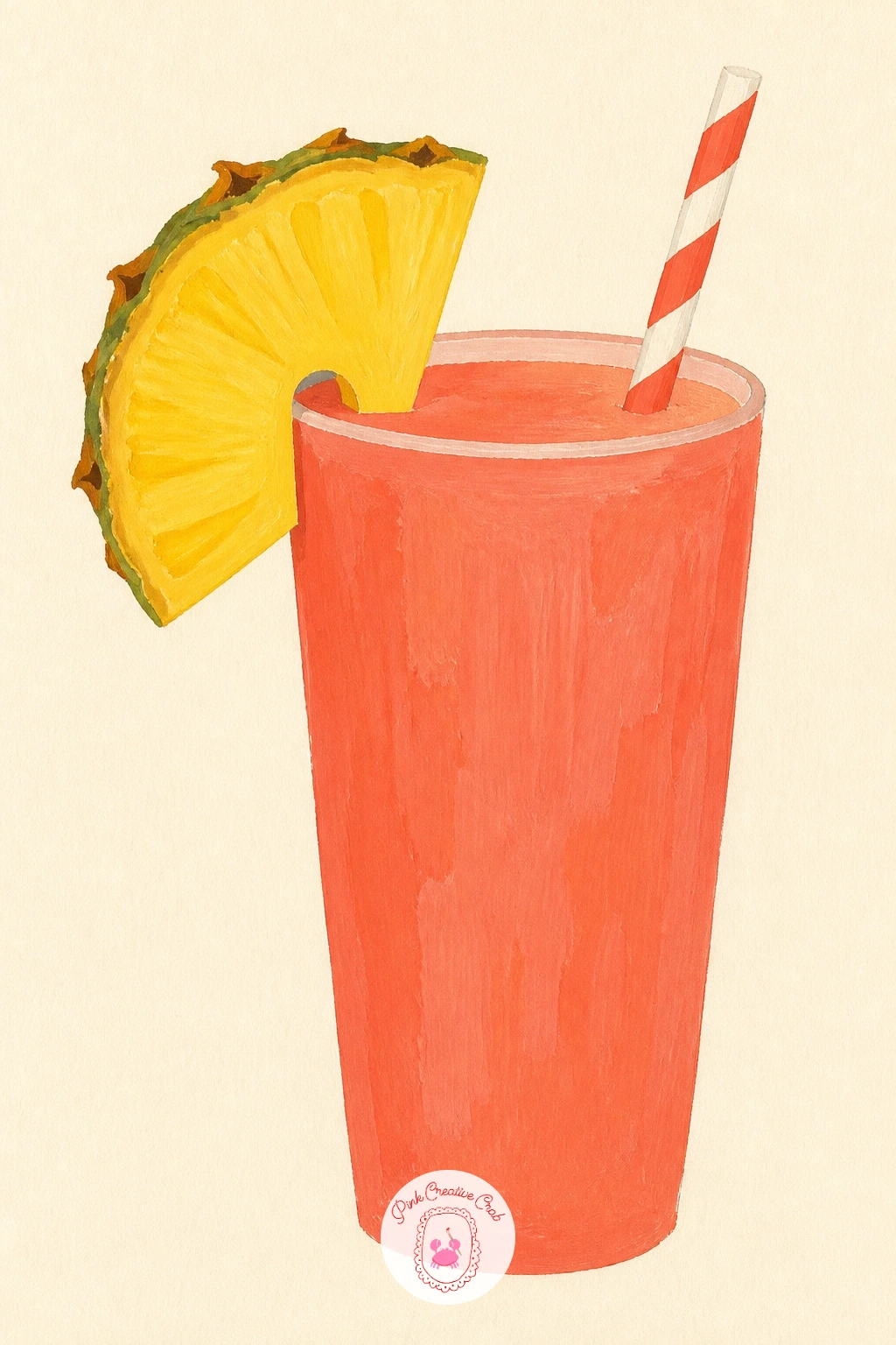 Pineapple Slice on a Smoothie Rim — Zoom into a single detail for this one: a tall smoothie glass with one pineapple slice notched over its rim. Pineapple