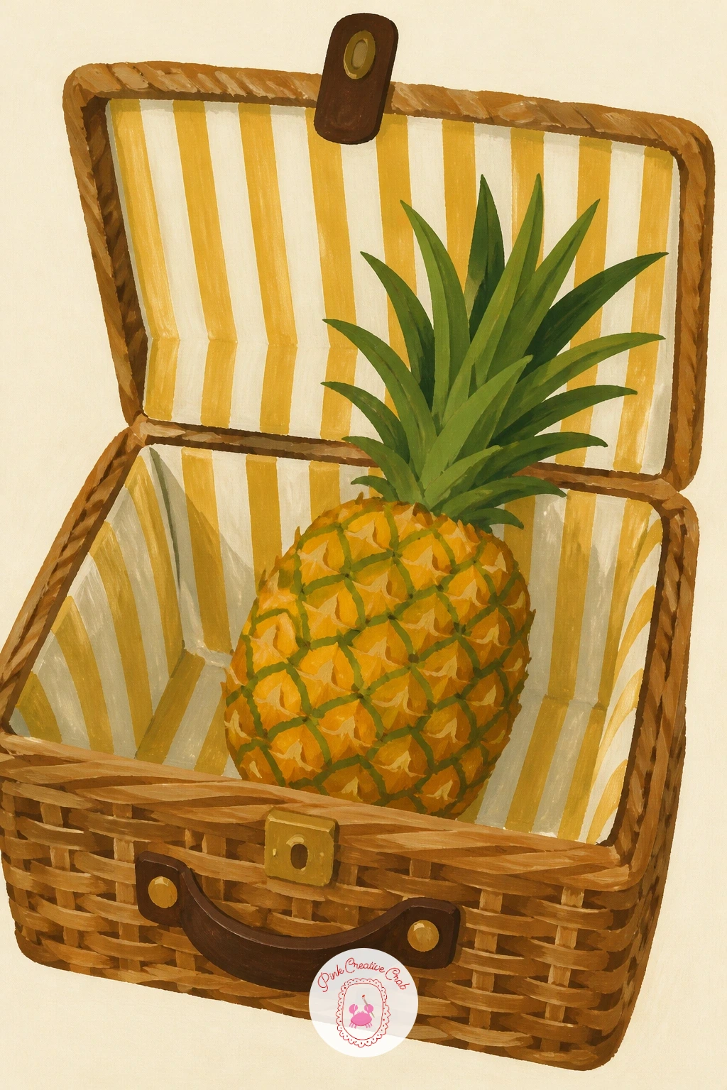 Pineapple in a Picnic Hamper — Give this one a little narrative by tucking your pineapple into an open picnic hamper alongside a folded cloth. Pineapple drawing